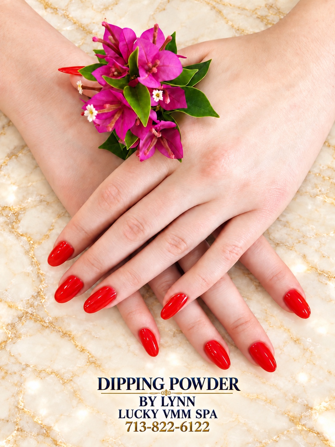 Red dipping powder nails by Lynn